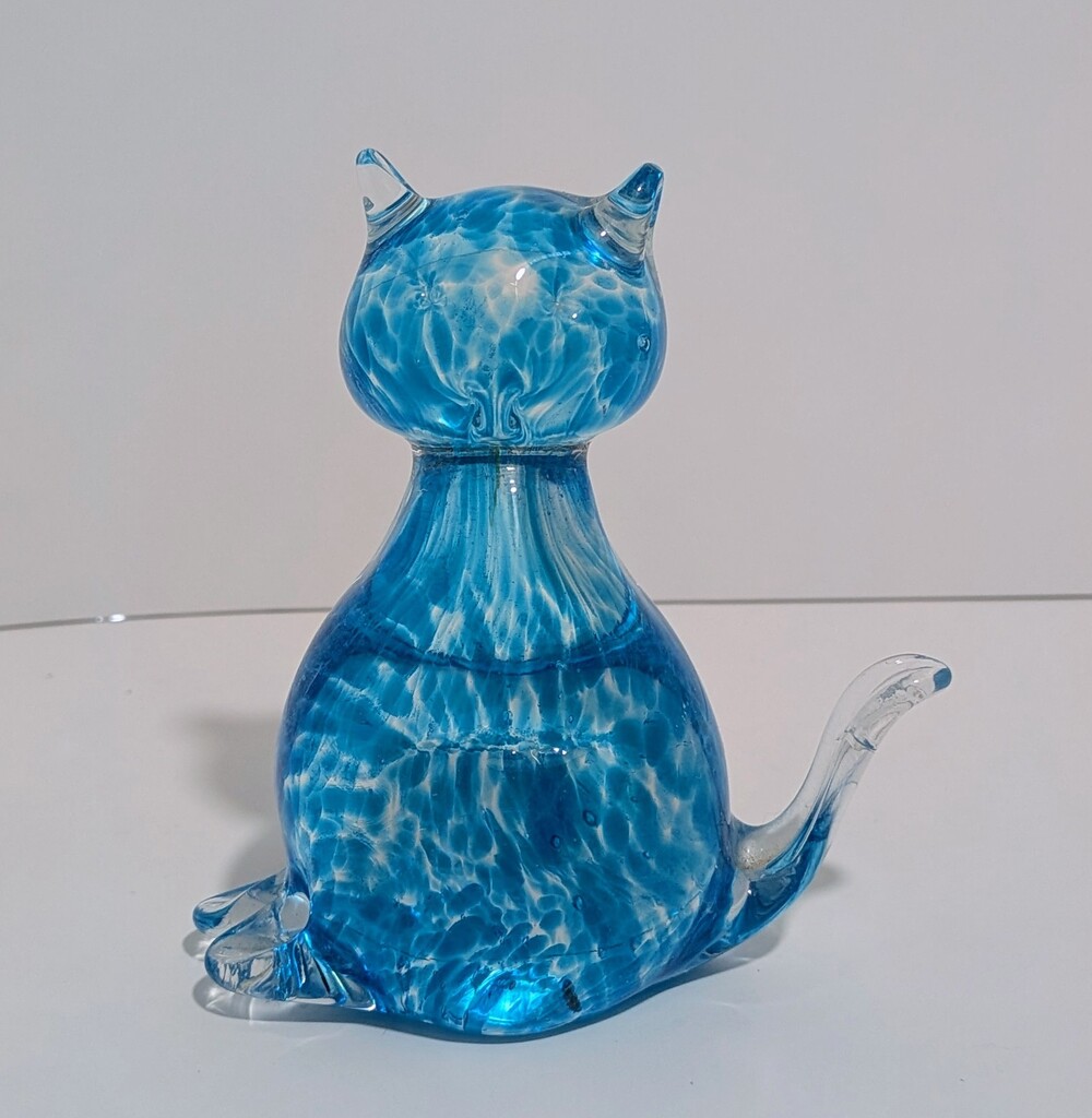 Cat Murano Glass Paperweight Blue Swirl Decor Vintage Kitty Classic